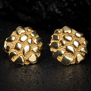 Round 14K Gold Plated Large Hip Hop 925 Sterling Nugget Vermeil Stud Earrings